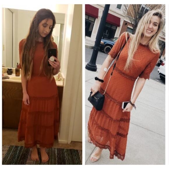 Lulus Dreaming of You Rust Orange Swiss Dot Midi Dress Size Large - Picture 9 of 10